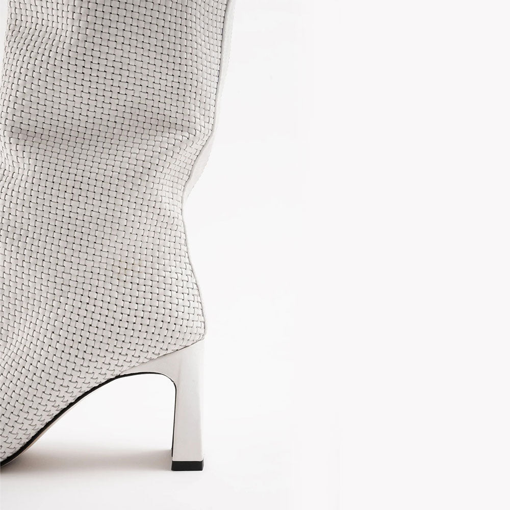 Chunky Heel Pull-On Woven Knee High Boots for Women in White