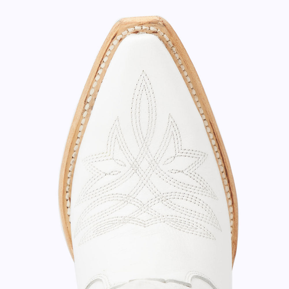 White Snip Toe Chunky Heel Embroidered Knee High Boots with Zipper