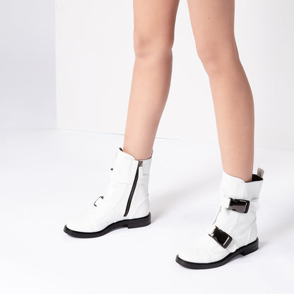Women's White Casual Round Toe Flat Buckle Boots
