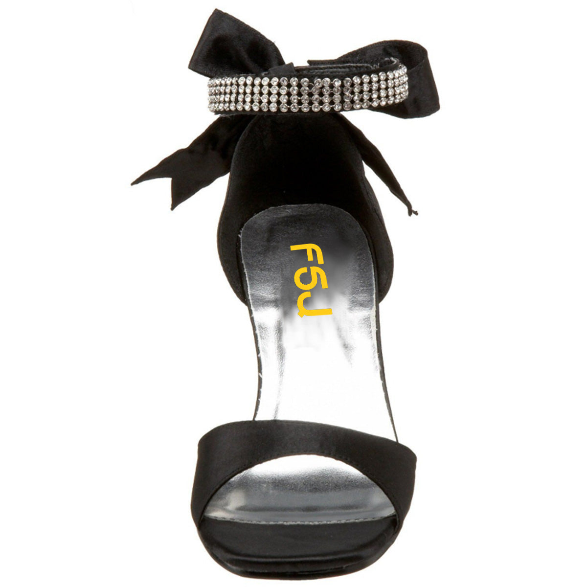 Black Bow Rhinestone Ankle Strap Chunky Heel Dress Sandals for Women