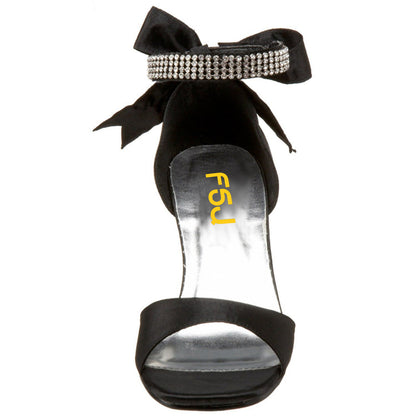 Black Bow Rhinestone Ankle Strap Chunky Heel Dress Sandals for Women
