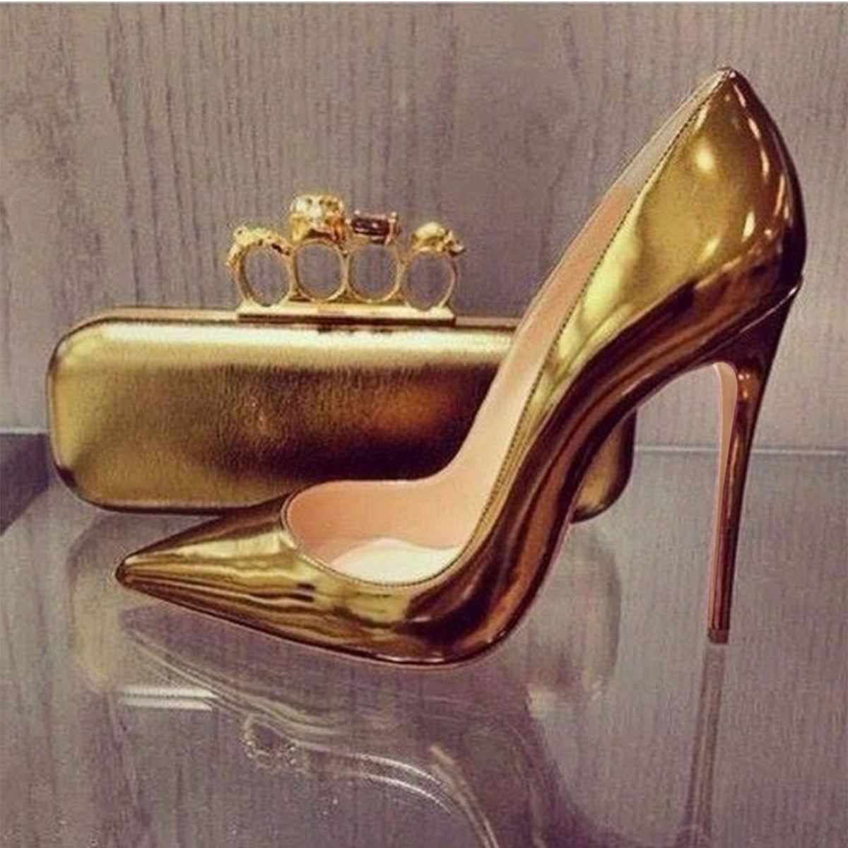 Gold Metallic Heels Pointy Toe Stiletto Office Pumps for Women