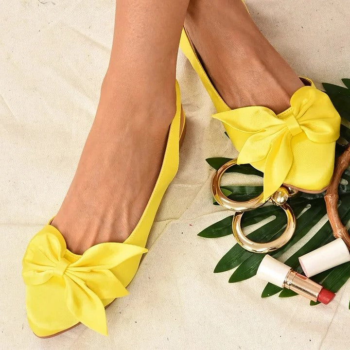 Yellow Satin Pointed Toe Bow Embellished Slingback Flats