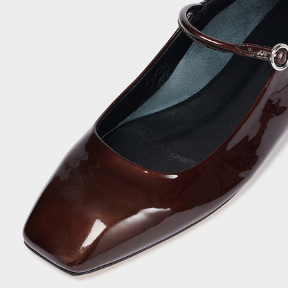 FSJ Brown Patent Leather Square Toe Mary Jane Flats