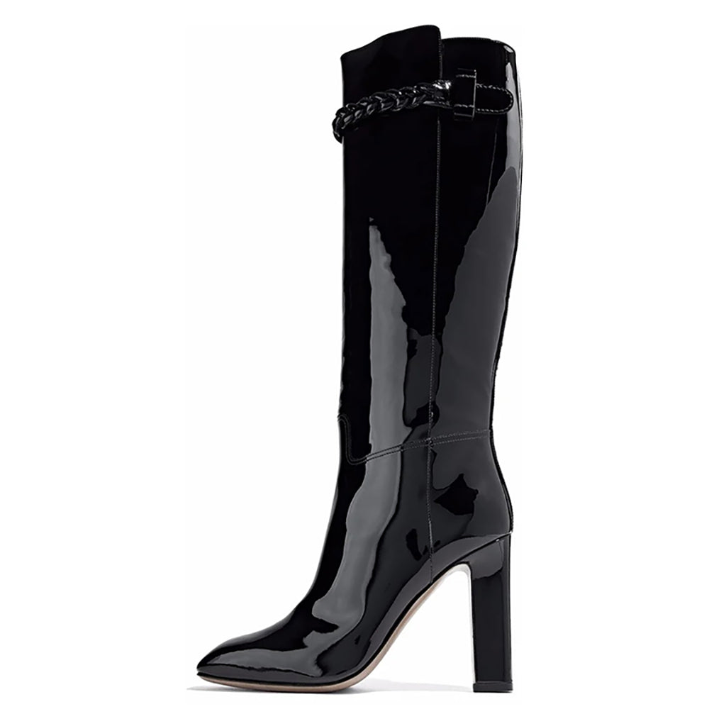 Black Patent Leather Block Heel Braided Strap Knee High Boots