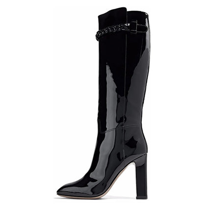 Black Patent Leather Block Heel Braided Strap Knee High Boots