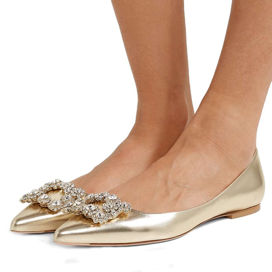 Gold Rhinestone Square Buckle Pointy Toe Comfortable Flats