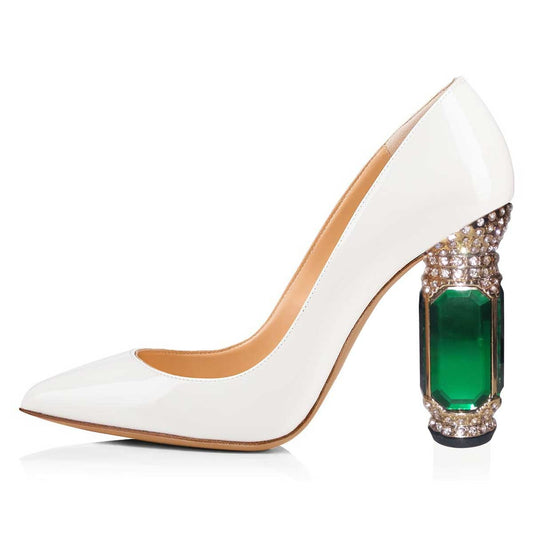 Women's Patent Leather Pointed Toe Decorative Heel White Pumps