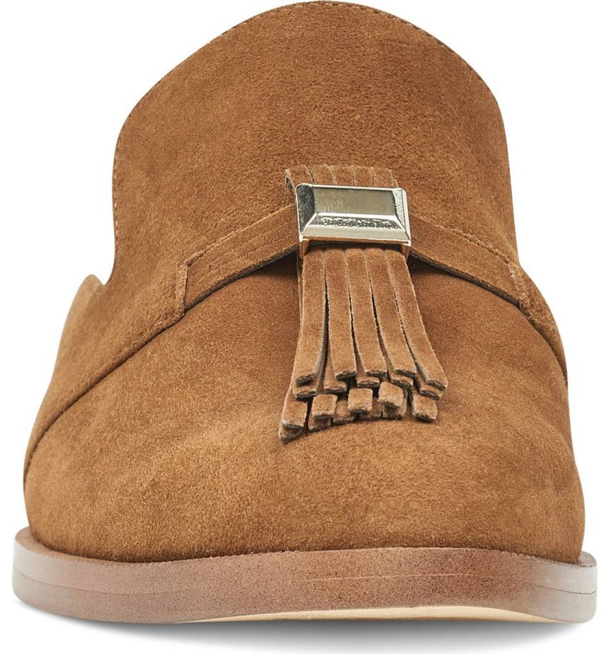 Tan Vegan Suede Round Toe Comfy Flats Fringe Mule Loafers for Women