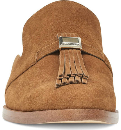 Tan Vegan Suede Round Toe Comfy Flats Fringe Mule Loafers for Women