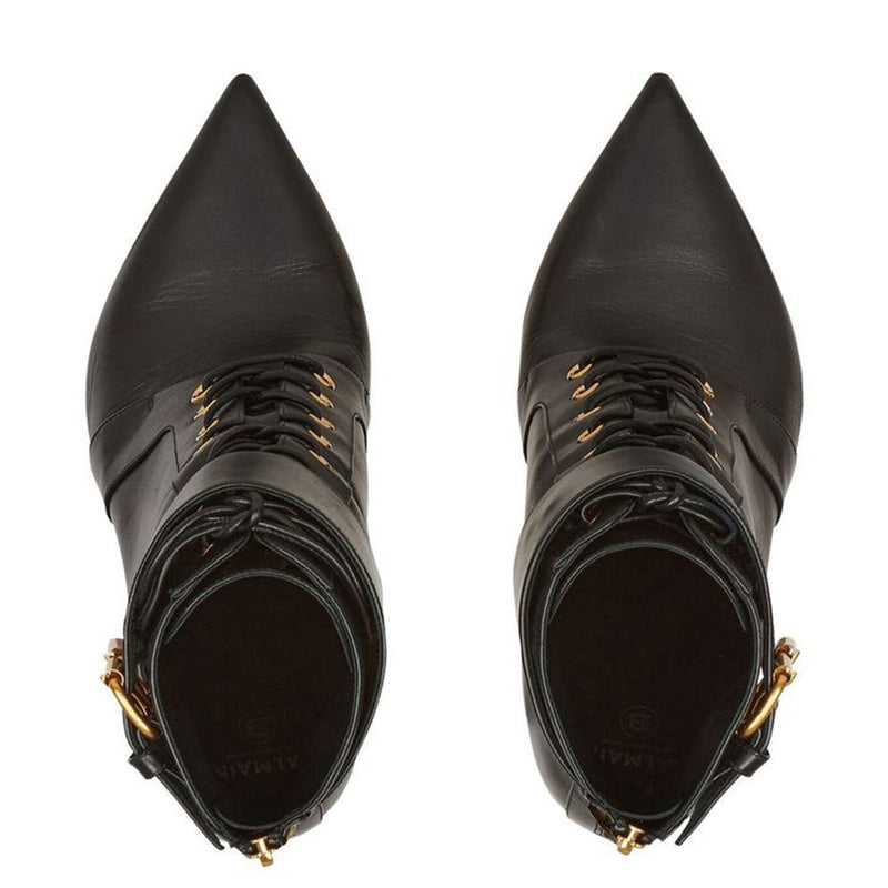 Black Lace Up Ankle Boots Pointed Toe Stiletto Heel Buckle Shoes