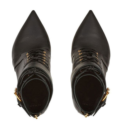 Black Lace Up Ankle Boots Pointed Toe Stiletto Heel Buckle Shoes