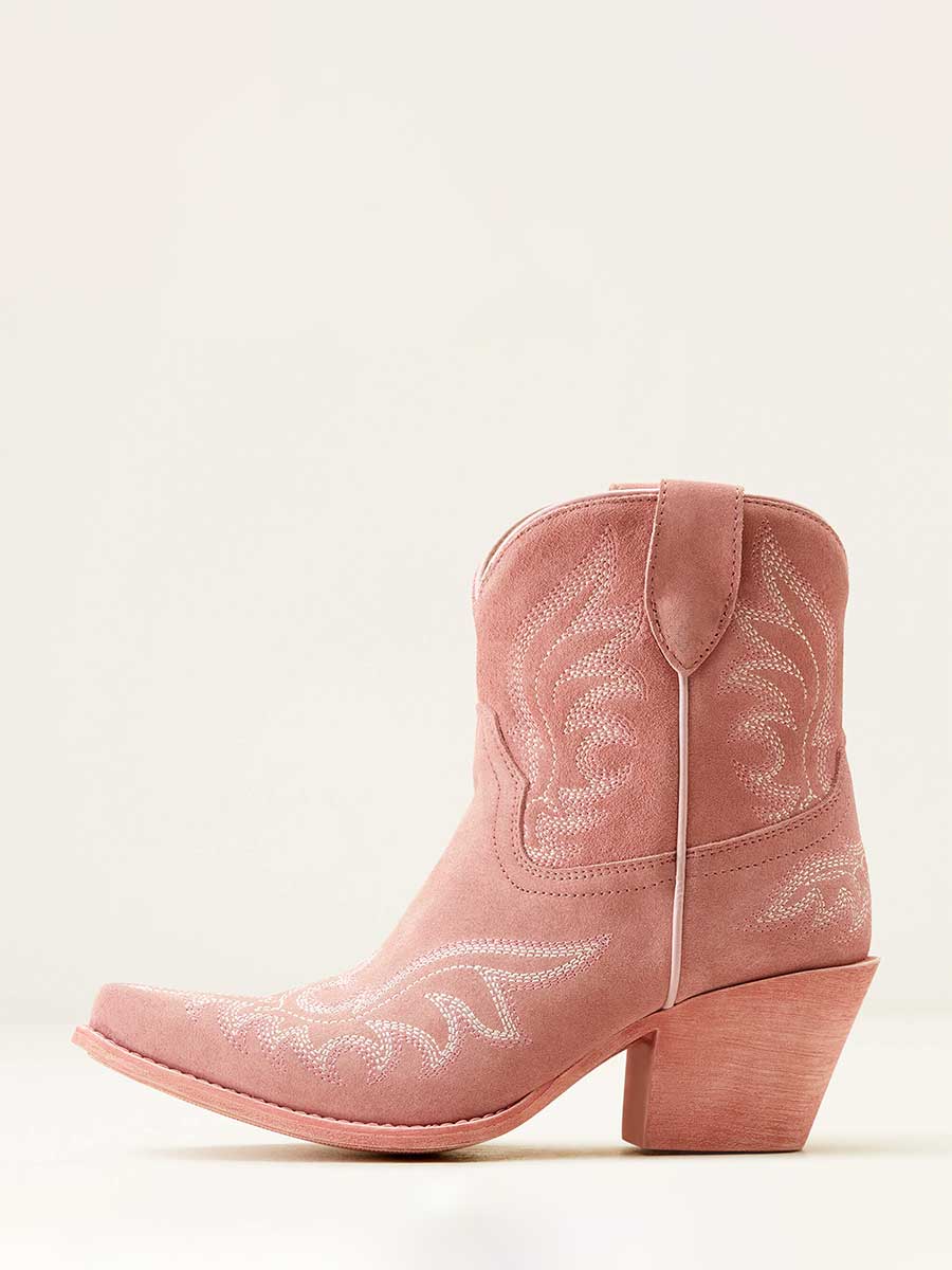 Women's Peach Faux Suede Snip Toe Embroidered Block Heel Cowgirl Ankle Boots
