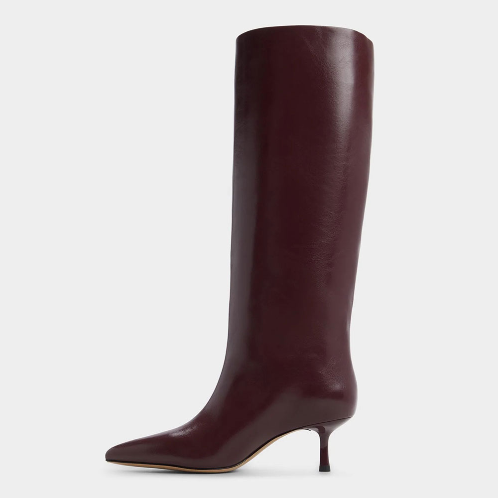 Vegan Leather Stiletto Heel Pointed Toe Knee High Boots in Burgundy