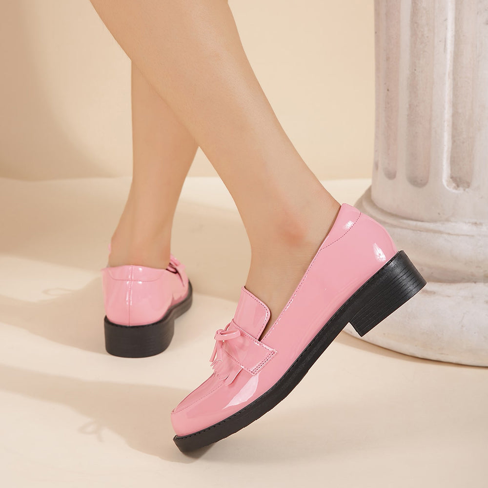 Pink Patent Leather Closed Toe Chunky Heel Formal Loafers