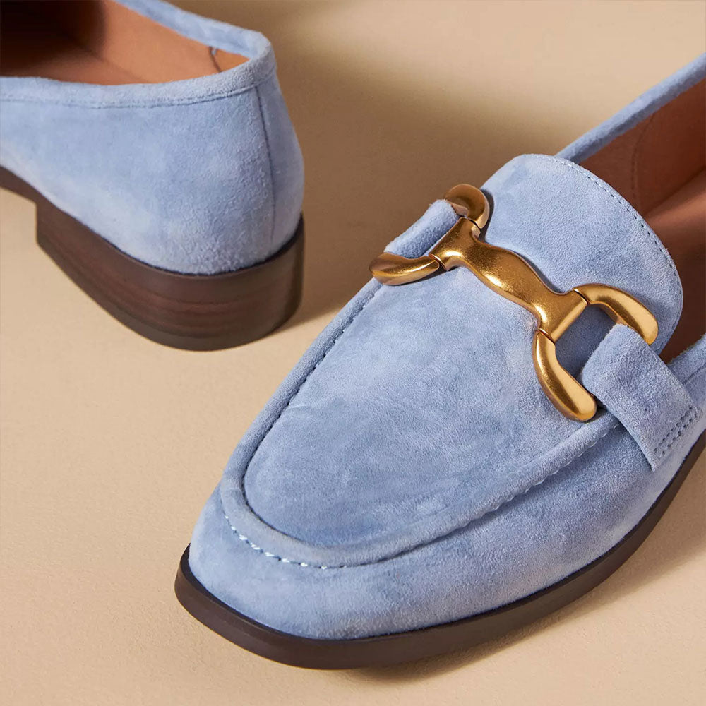 Blue Faux Suede Round Toe Flat Formal Loafers with Chain