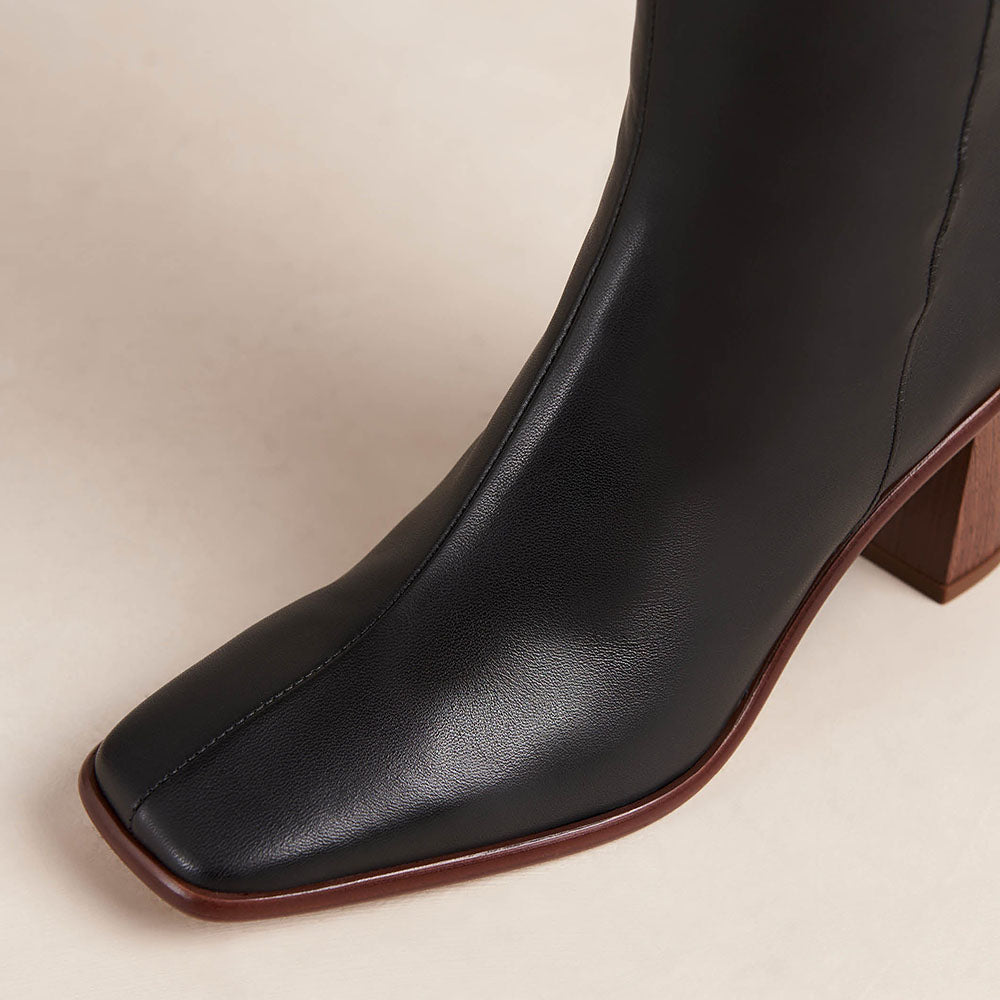 Black Vegan Leather Square Toe Chunky Heel Side-Zip Knee High Boots