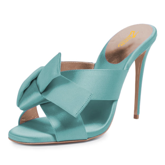 Trendy Turquoise Open Round Toe Knot Accent Satin Mule Heels