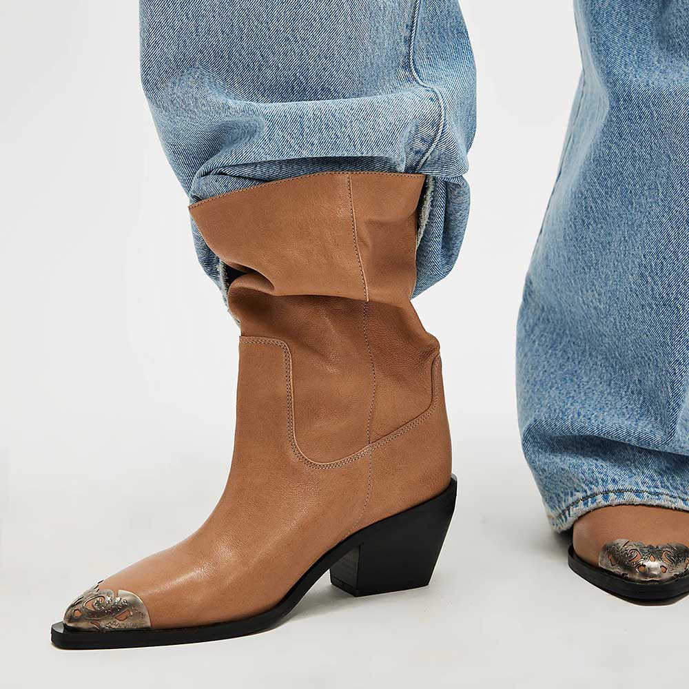 Slouchy Pointed Toe Metallic Accent Mid Calf Boots for Women in Tan