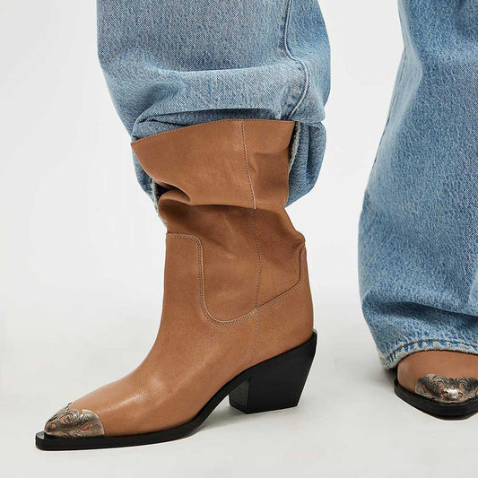 Slouchy Pointed Toe Metallic Accent Mid Calf Boots for Women in Tan