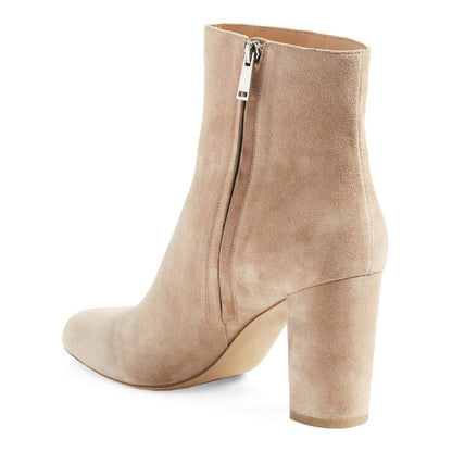 Beige Vegan Suede Studded Fringe Booties Chunky Heel Ankle Boots