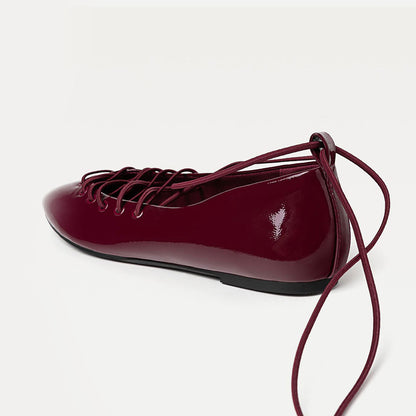 Burgundy Patent Leather Round Toe Lace-Up Ballet Flats with Straps