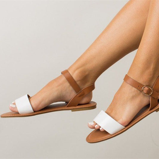 White & Tan Open Toe Buckle Ankle Strap Flat Sandals for Women
