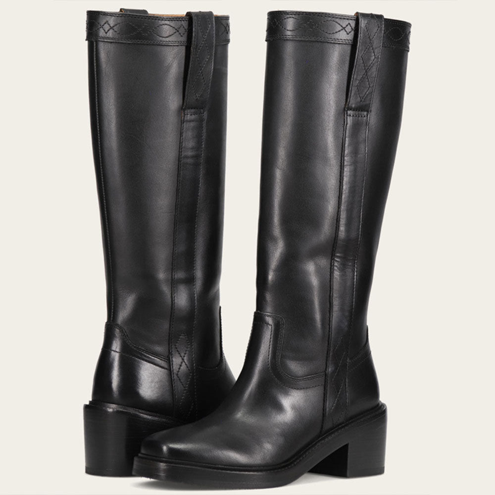 Black Pull-On Square Toe Block Heel Knee High Boots for Women