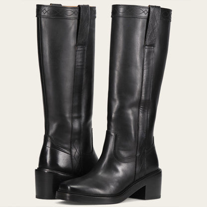 Black Pull-On Square Toe Block Heel Knee High Boots for Women