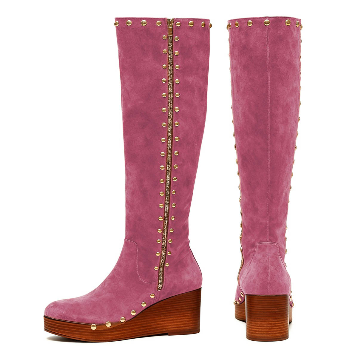Pink Vegan Suede Studded Platform Wedge Heel Knee High Boots