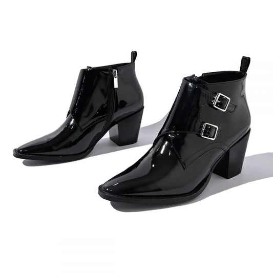 Black Patent Leather Monk Buckle Chunky Heel Ankle Boots