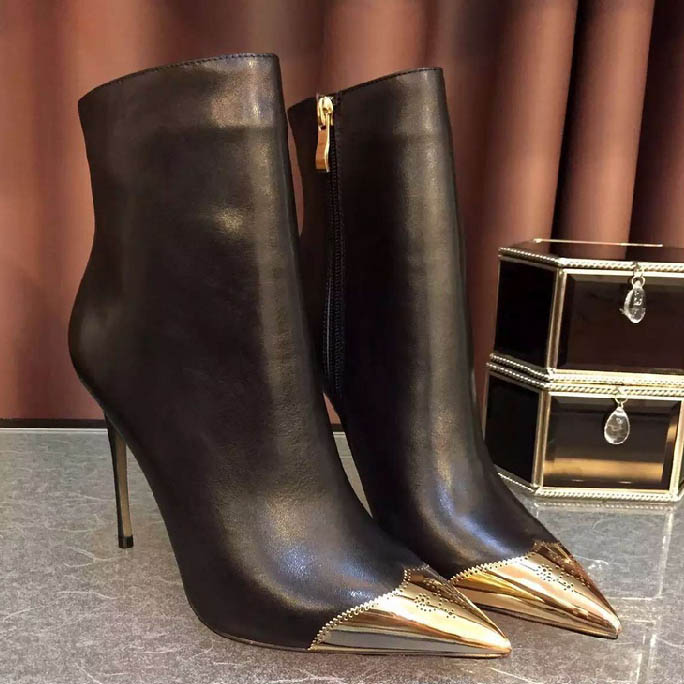 Black and Gold Wingtip Design Pointy Toe Stiletto Heel Ankle Boots