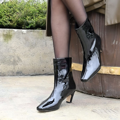 Women's Black Patent Leather Square Toe Low Heel Ankle Boots