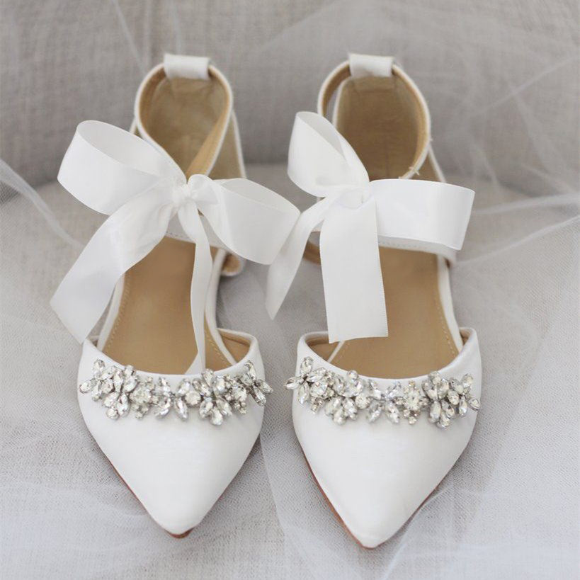 White Satin Bow Lace Up Rhinestone Wedding Flats