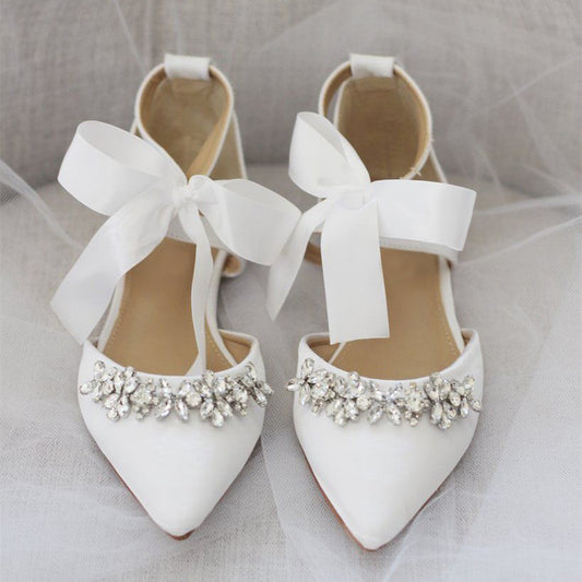 White Satin Bow Lace Up Rhinestone Wedding Flats