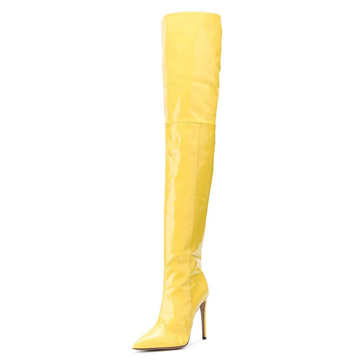 Yellow Patent Leather Thigh High Heel Boots