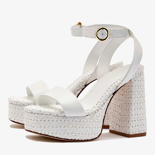 White Ankle Strap Open Toe Woven Details Platform Heel Sandals