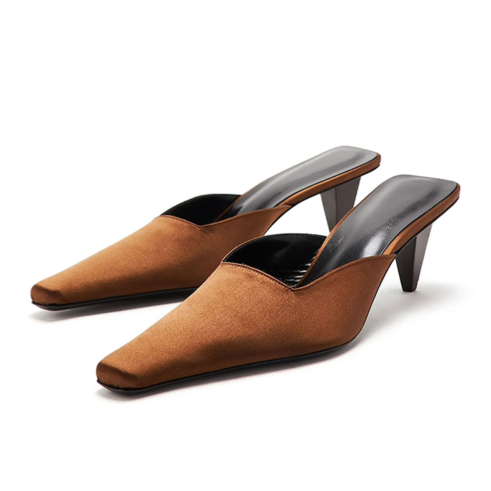 Women's Brown Satin Pointed Toe Slip-On Cone Heeled Mules