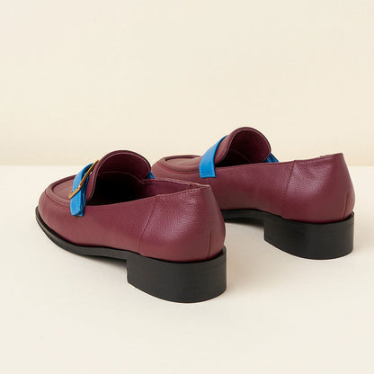 Maroon Square Toe Low Chunky Heel Women's Loafers with Blue Decor