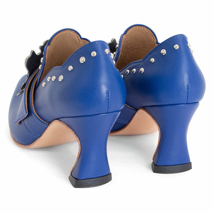 Blue Curved-Edged Pointed Toe Buckle Heeled Loafers with Studs