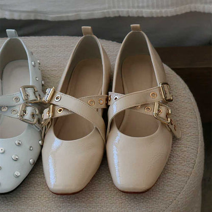 Trendy Ivory Patent Leather Square Toe Grommet Buckle Strap Flats