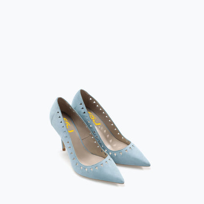 Light Blue Court Shoes Pointed Toe Triangular Cut Out Pumps Heels
