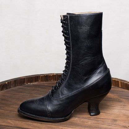 Vintage Lace-Up Almond Toe Spool Heel Mid Calf Boots in Black