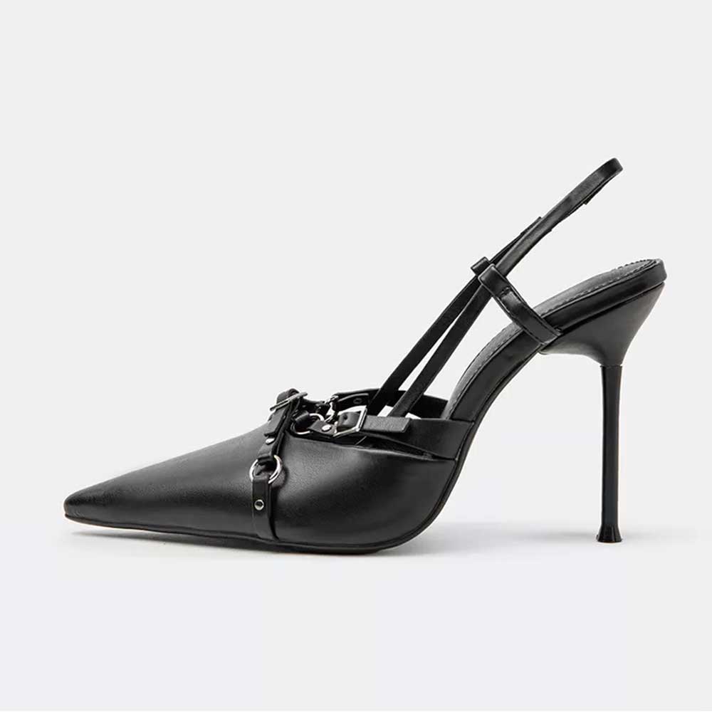 Women's Pointed Toe Buckle Cross Strap Slingback Black Pumps by FSJ