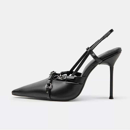 Women's Pointed Toe Buckle Cross Strap Slingback Black Pumps by FSJ