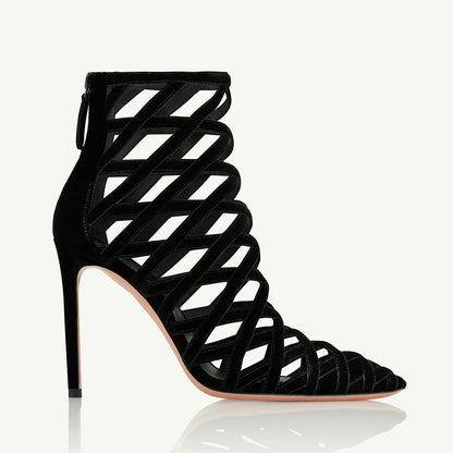 Black Velvet Woven Cage-Like Stiletto Heel Short Boots for Women