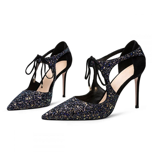 Women's Glitter Evening Pumps Lace Up Pointed Toe Sparkling Heels