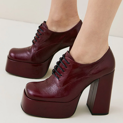 Maroon Square Toe Chunky Heel Lace Up Platform Loafers