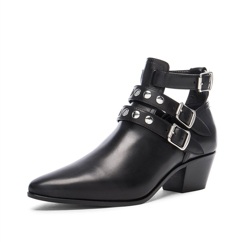 Black Chunky Heel Cut Out Vegan Leather Studs Ankle Boots
