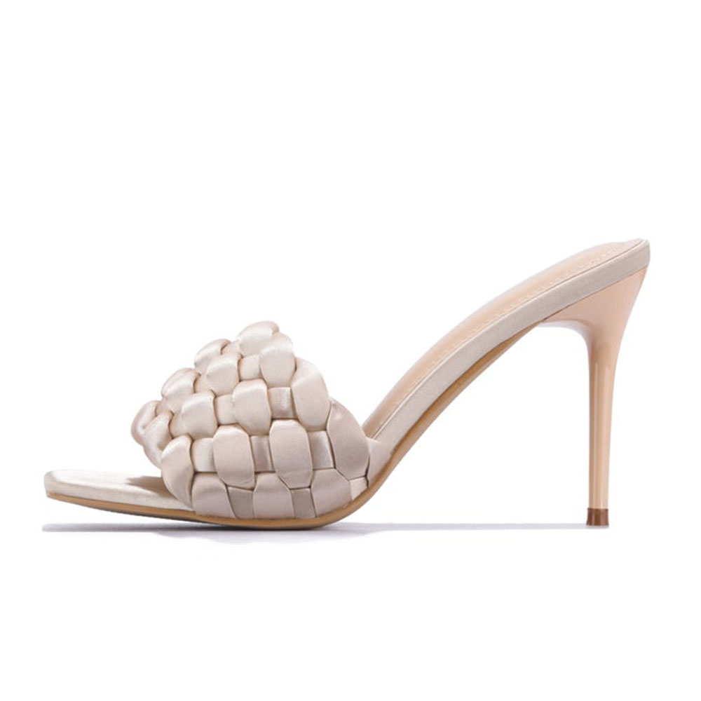 FSJ Nude Woven Strap Open Square Toe Stiletto High Heel Mules